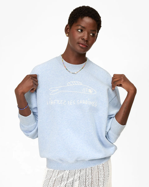 Clare V Oversized Sweatshirt in Heather Blue Liberez Les Sardines - Women's Relaxed 100% Cotton French Slogan Sweatshirt