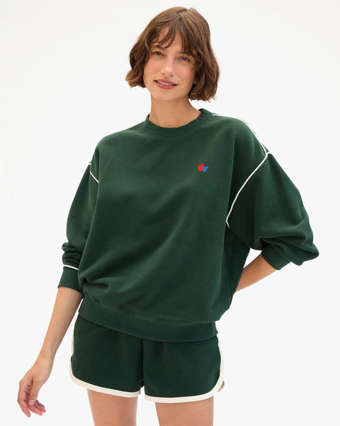 Clare V Oversized Sweatshirt in Forest Green with Cream Piping and Geo Embroidery – 100% cotton slouchy sweatshirt made in Portugal
