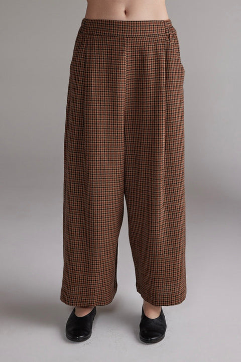 Amente Wool Plaid Wide Pants in Brown Black - Women's 100% Wool High Waisted Wide Leg Pleated Trouser with Side Pockets and Elasticated Back