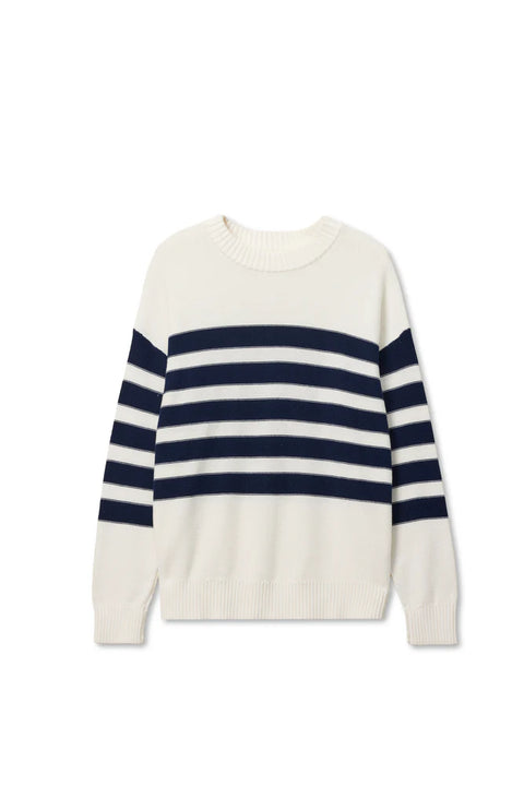 Perfect White Tee Perfect White Tee Ginger Slouchy Crewneck Sweater in Navy with Sugar Stripe: features cotton, knit, oversized, relaxed