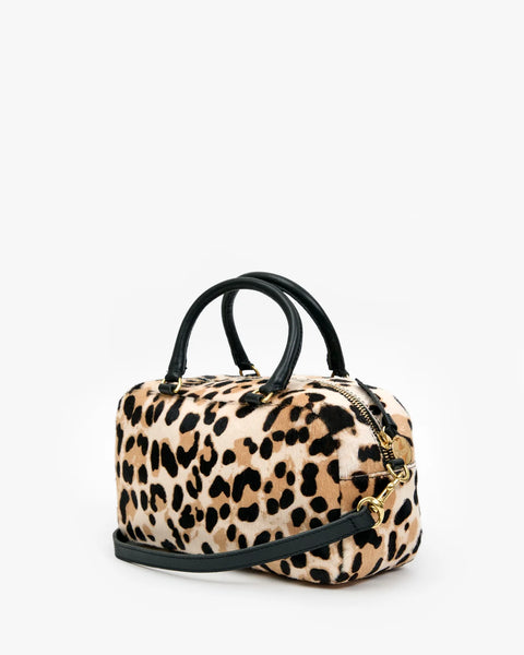 Clare V Petite Claudine Snow Leopard Hair-On - front view of snow leopard print hair-on leather crossbody bag