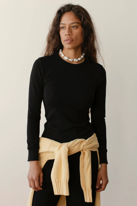 DONNI The Baby Rib Scallop Long Sleeve in Jet - Women's Slim Fit Crew Neck Top in Buttery-Soft Modal Cotton Blend with Scalloped Trim