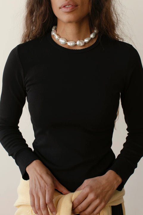 DONNI Baby Rib Scallop Long Sleeve Jet - Front View Showing Scalloped Trim Detail at Neckline and Cuffs