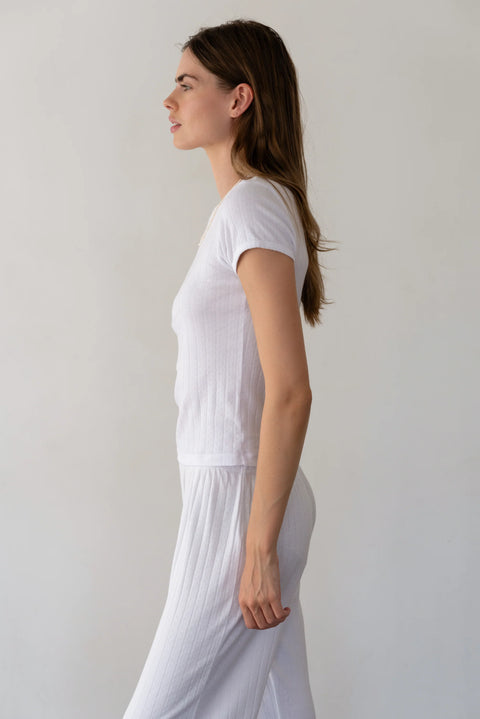 Powder pointelle knit baby tee side view fitted silhouette