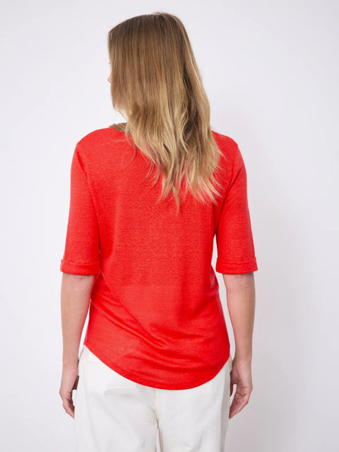 Notshy Romana V Neck Tee in Tomato – relaxed fit 100% linen v-neck tee with elbow-length rolled sleeves in a rich tomato red