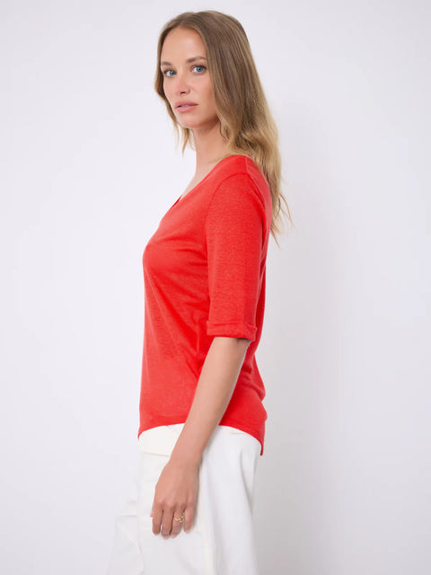Notshy Romana V Neck Tee in Tomato – relaxed fit 100% linen v-neck tee with elbow-length rolled sleeves in a rich tomato red