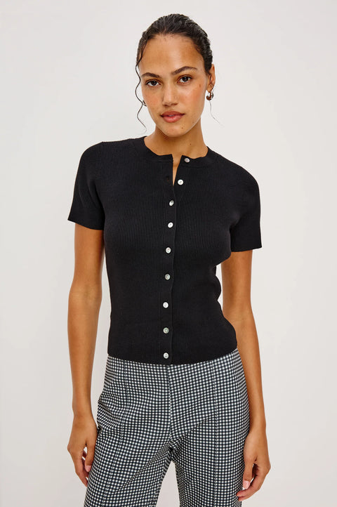 Black ribbed knit button front top short sleeve crewneck front view.
