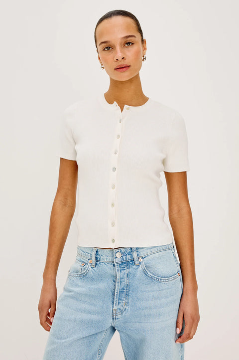 Ivory ribbed knit button front top short sleeve crewneck front view
