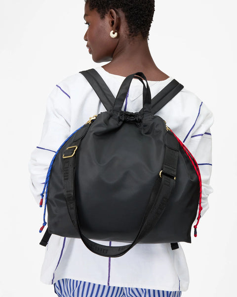 Clare V Sac Tout Backpack in Black - Women's Convertible Recycled Nylon Bag with Drawstring Top, Crossbody and Backpack Straps