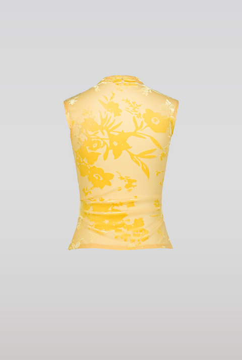 floral-velvet tie up tank in yellow with a floral print design, tie detailing and hook eye closure to ensure fit, mock neck and is hip length