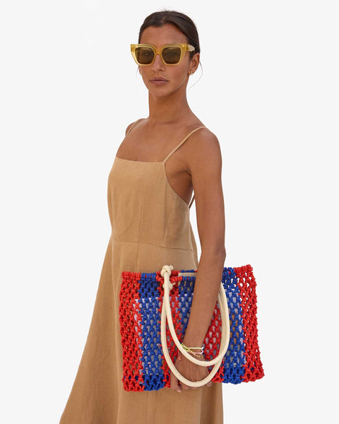 Clare V Sandy Bag | Cobalt with Bright Poppy Stripe