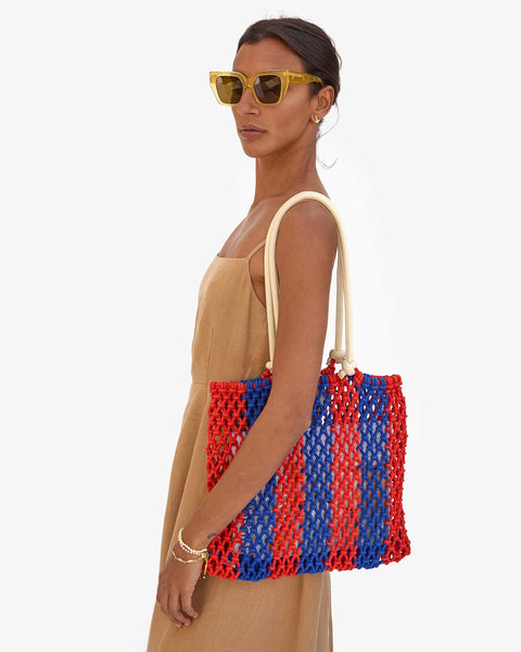 Clare V Sandy Bag | Cobalt with Bright Poppy Stripe