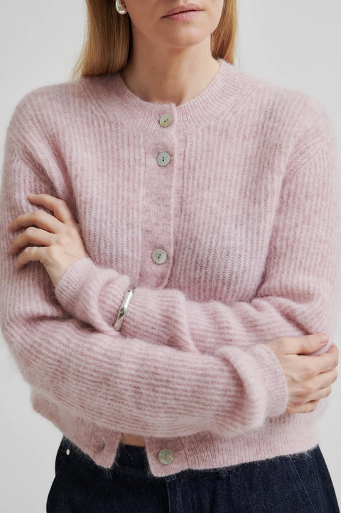 mohair knit pink cardigan, pearl buttons, boxy fitted shape long sleeve