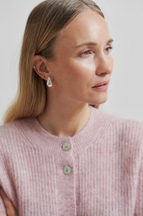 mohair knit pink cardigan, pearl buttons, boxy fitted shape long sleeve. Made by Second Female