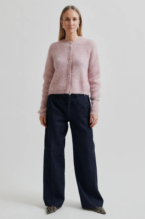 mohair knit pink cardigan, pearl buttons, boxy fitted shape long sleeve. Made by Second Female