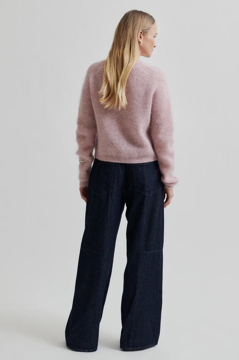 mohair knit ribbed cargidan pink cardigan, pearl buttons, boxy fitted shape long sleeve. Made by Second Female