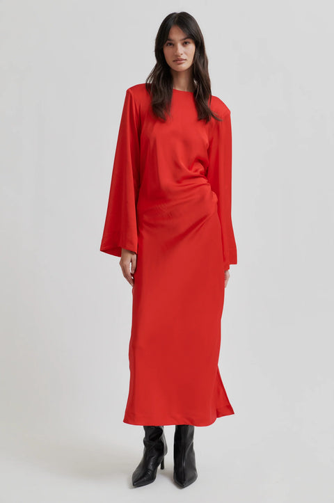 Red long sleeve holiday dress, gather detail on left side, long, relaxed fit. Second Female Ermine Dress