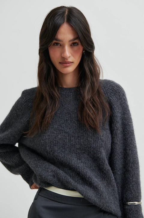 Alpaca wool crewneck sweater with knit feature and round neck, sweater has deep v in the back, reversible