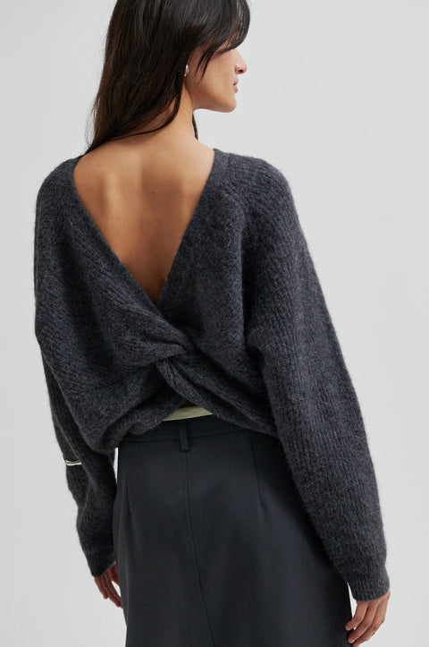 Alpaca wool crewneck sweater with knit feature and round neck, sweater has deep v in the back, reversible