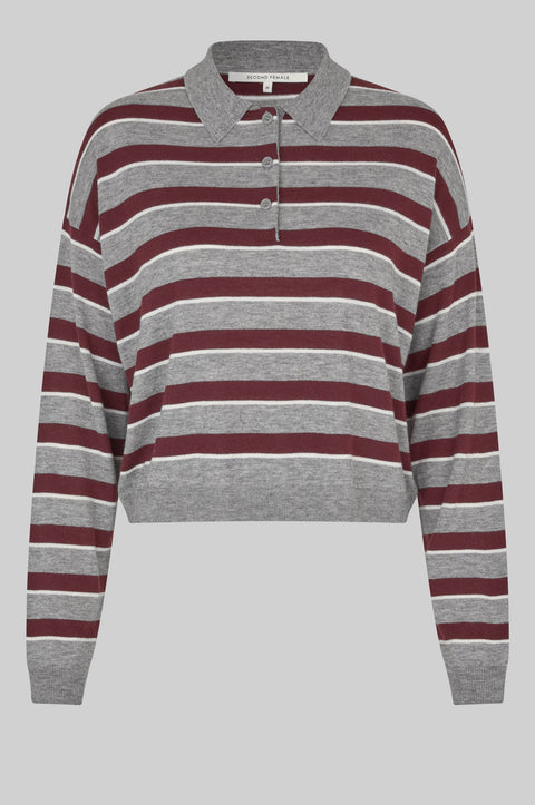 Classic rugby shirt, with boxy stripe grey and brown. Merino blend with a polo collar, half-button placket, and ribbing at the collar, cuffs, and hem. Cut short but not cropped, in a slightly relaxed fit.