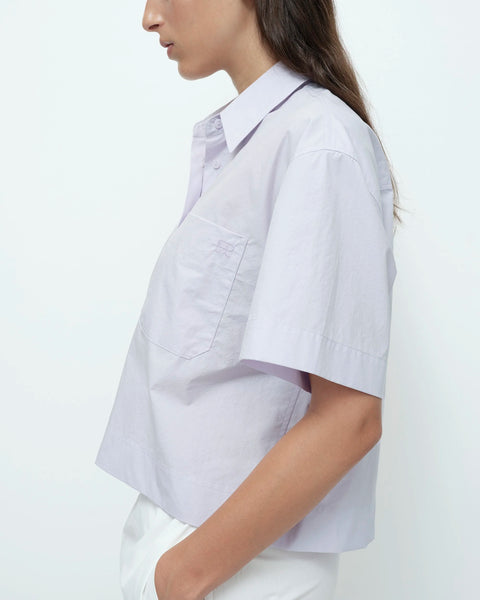 Purple cotton shirt side view cropped length relaxed fit