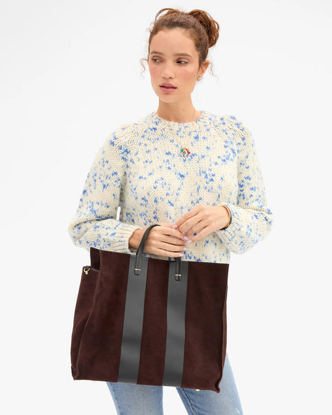 Clare V Simple Tote in Truffle Italian Suede with Racing Stripes – styled on model with shoulder strap