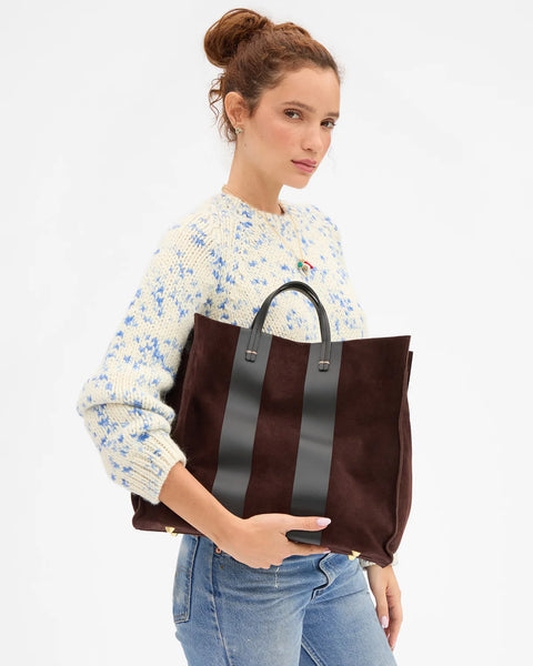 Clare V Truffle Suede Racing Stripe Simple Tote – lifestyle detail showing Italian suede texture and top handle