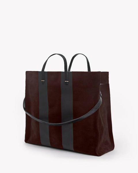 Clare V Simple Tote Truffle Suede Racing Stripes – back view with removable shoulder strap and brass feet