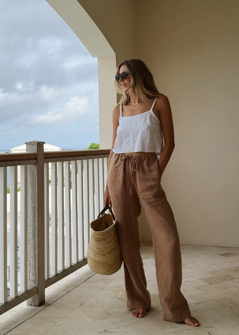 drawstring linen wide leg pant in brown