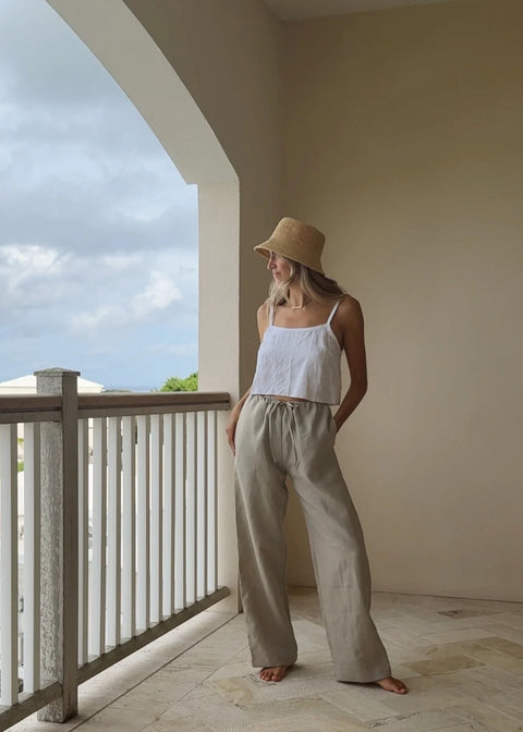 draw strong linen lounge wide leg pant in oat beige