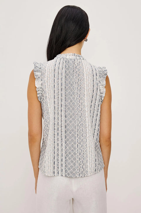 Striped sleeveless eyelet top back view lightweight linen fabric