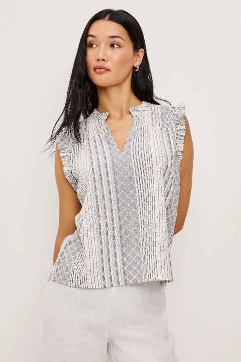 Striped eyelet linen sleeveless top front view relaxed fit