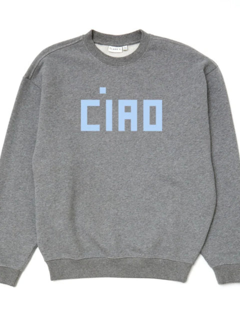 Clare V Oversized Sweatshirt in Grey Melange with Blue Block CIAO - Women's 100% Cotton Oversized Crewneck Sweatshirt with Sky Blue Block Letter Graphic, Made in Portugal