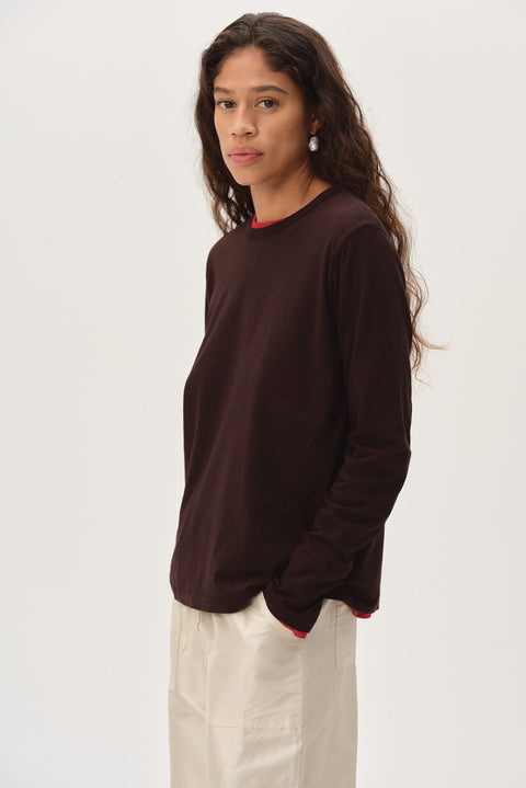 Espresso long sleeve tee angled front view lightweight supima cotton