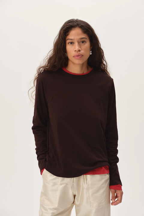 Espresso supima cotton long sleeve tee relaxed fit front view model
