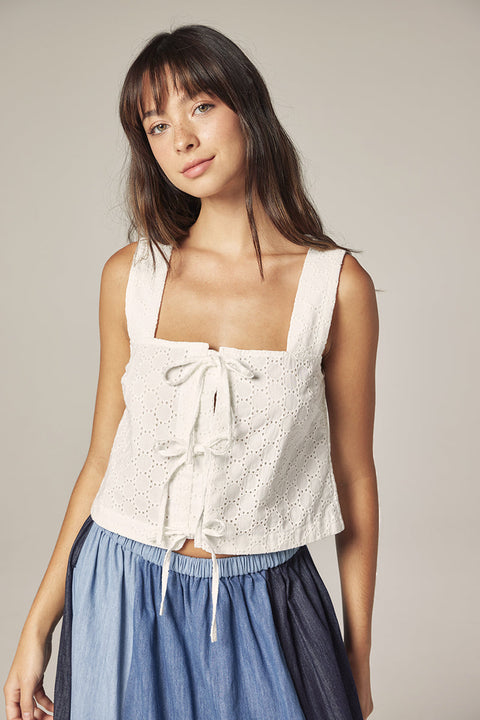 Amente Amente Front Lace Tie Top in White: featuring cotton, linen, denim