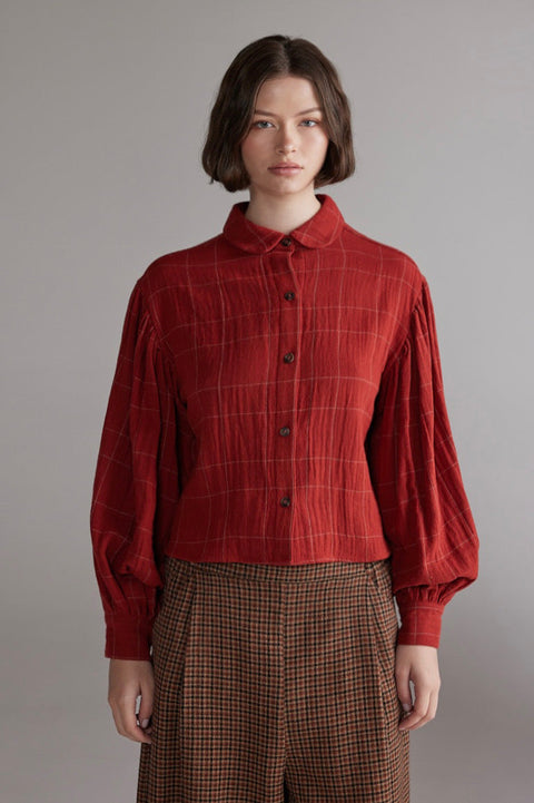 Amente Cotton Plaid Volume Sleeve Blouse in Dark Red - Women's Waist-Length 100% Cotton Plaid Blouse with Exaggerated Voluminous Sleeves and Rounded Shirt Collar