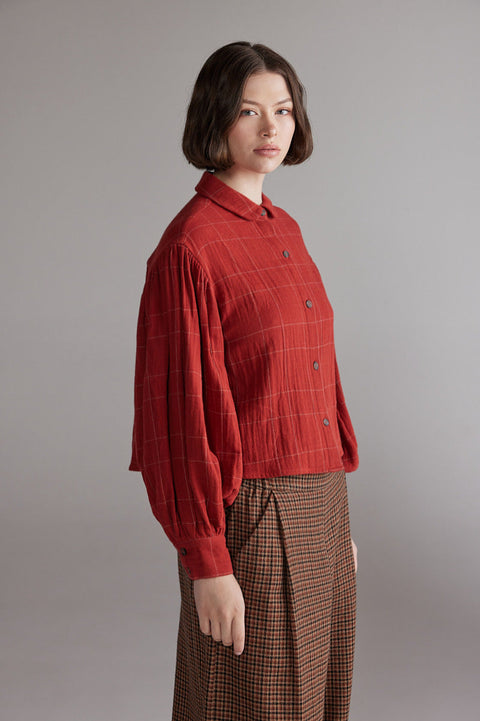 Amente Dark Red Plaid Volume Sleeve Blouse - Front View Showing Five-Button Placket, Rounded Collar and Bold Puff Sleeve Detail