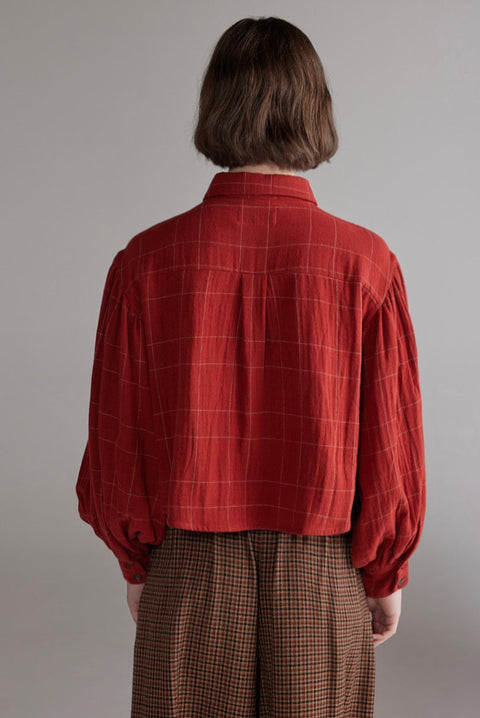 Amente Cotton Plaid Blouse Dark Red - Side View Highlighting Exaggerated Volume Sleeve and Cropped Waist-Length Silhouette