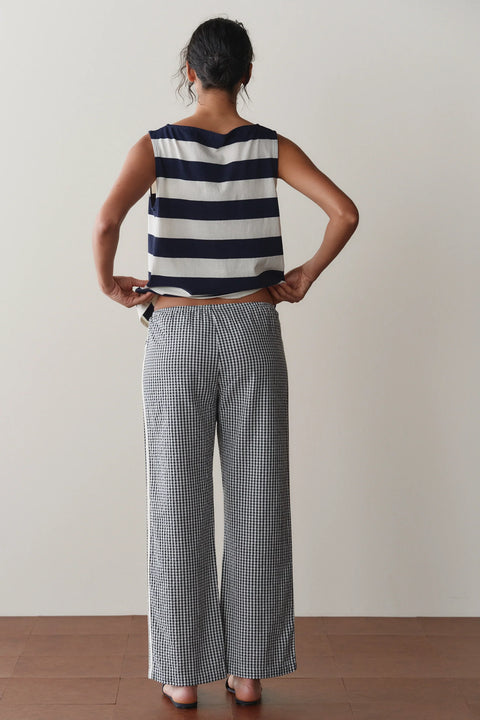DONNI The Cotton Gingham Stripe Pant in Jet - Close-Up of Contrast Racer Stripe and Soft-Washed 100% Cotton Fabric