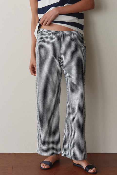 DONNI The Cotton Gingham Stripe Cropped Pant in Jet - Women's Soft-Washed 100% Cotton Straight Leg Cropped Pant with Elastic Waist and Contrast Racer Stripes, Made in Los Angeles