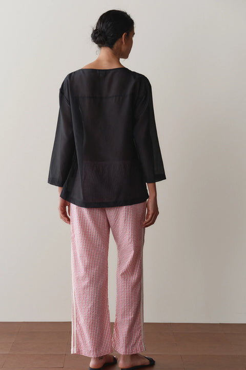 DONNI Gingham Stripe Pant Rhubarb - Side View Highlighting Straight Leg Cropped Silhouette and Sporty Stripe