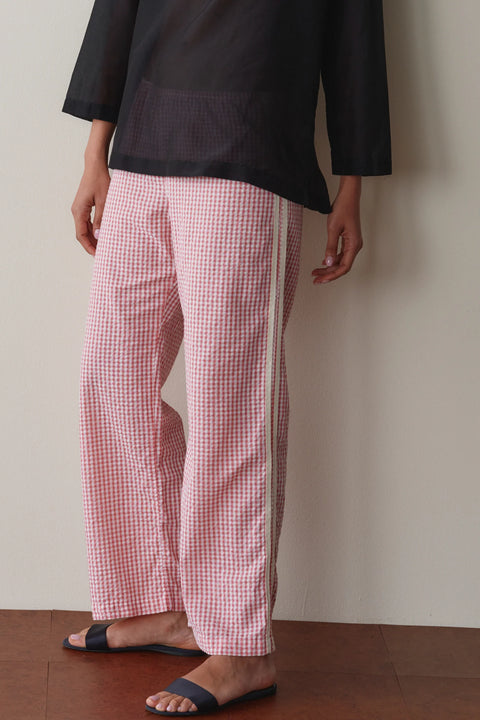 DONNI The Cotton Gingham Stripe Cropped Pant in Rhubarb - Women's Soft-Washed 100% Cotton Straight Leg Cropped Pant with Elastic Waist and Contrast Racer Stripes, Made in Los Angeles