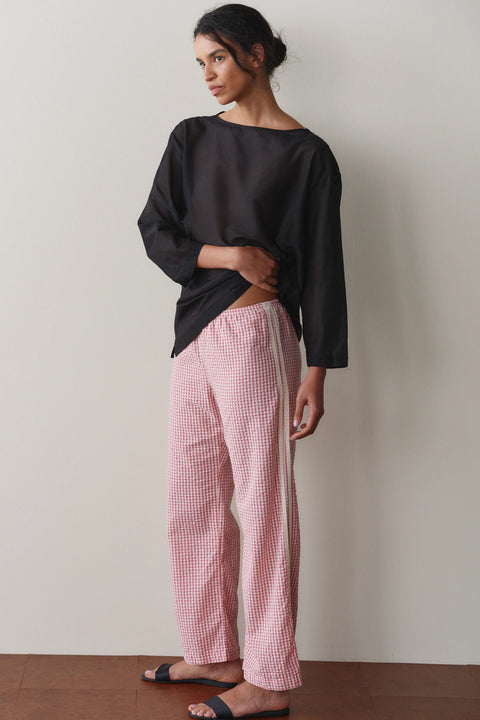 DONNI Cotton Cropped Pant Rhubarb - Close-Up of Soft-Washed Rhubarb Gingham Cotton and Racer Stripe