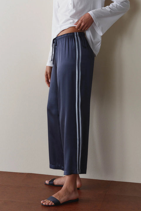 DONNI The Silk Stripe Pant Navy Cloud - Close-Up of 100% Silk Charmeuse Fabric and Contrast Racer Stripe Detail