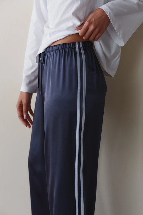 DONNI The Silk Stripe Crop Pant in Navy Cloud - Women's 100% Silk Charmeuse Cropped Pant with Elastic Drawstring Waist and Contrast Racer Stripes, Made in Los Angeles