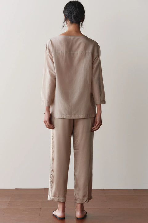 DONNI The Silk Stripe Pant Shitake Creme - Close-Up of Luxuriously Light Silk Charmeuse Fabric and Contrast Racer Stripe
