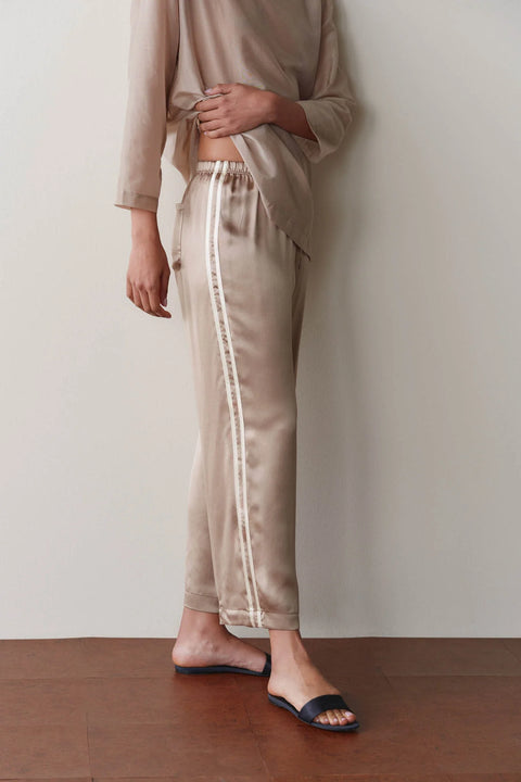 DONNI The Silk Stripe Crop Pant in Shitake Creme - Women's 100% Silk Charmeuse Cropped Pant with Elastic Drawstring Waist and Contrast Racer Stripes, Made in Los Angeles