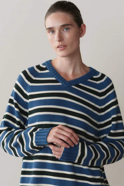DONNI The Cotton Knit Stripe V Neck Sweater in Lake with Creme and Fir - Women's Relaxed Fit V-Neck Sweater in Soft Cotton Knit with Multi-Color Stripe