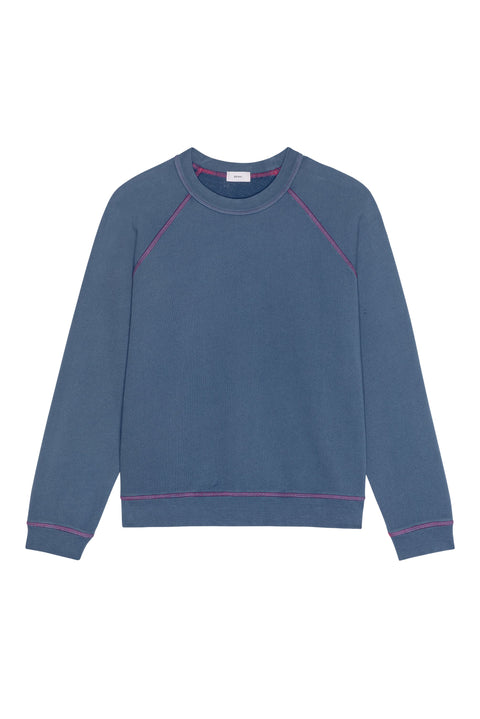 Side view of DONNI Eco Terry Contrast Stitch Sweatshirt in Lapis – true-to-size fit organic cotton lounge top